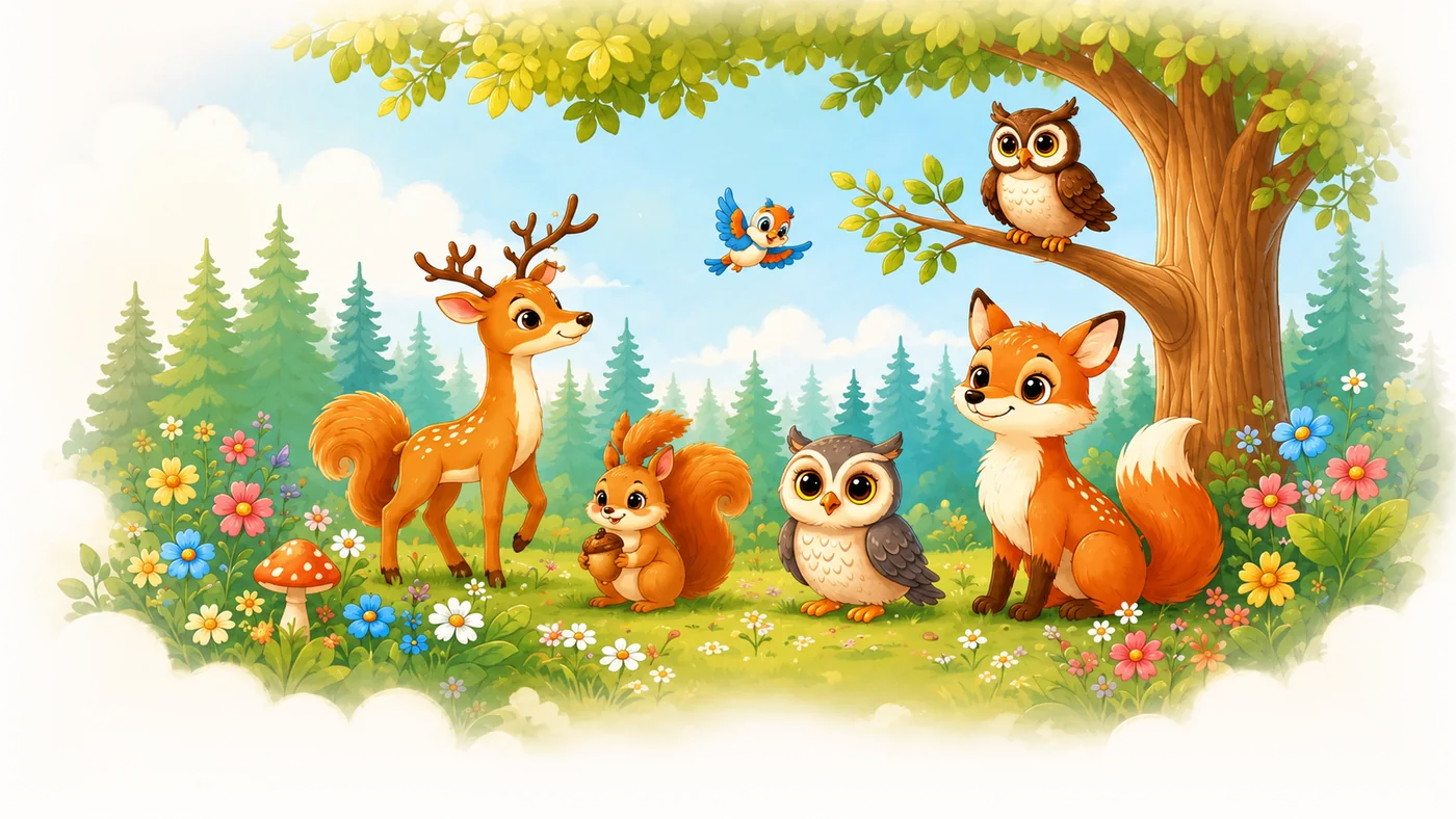 Illustration der Flauschebande mit Reh, Fuchs, Eichhörnchen, Eulen und Vogel auf einer sonnigen Waldlichtung